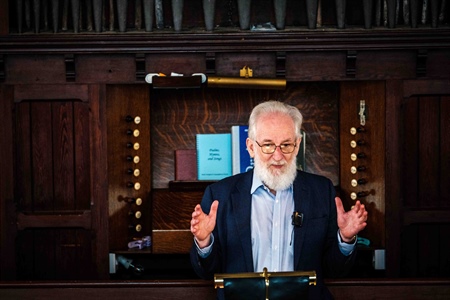 Professor David Crystal talks to local farmer John Waggett